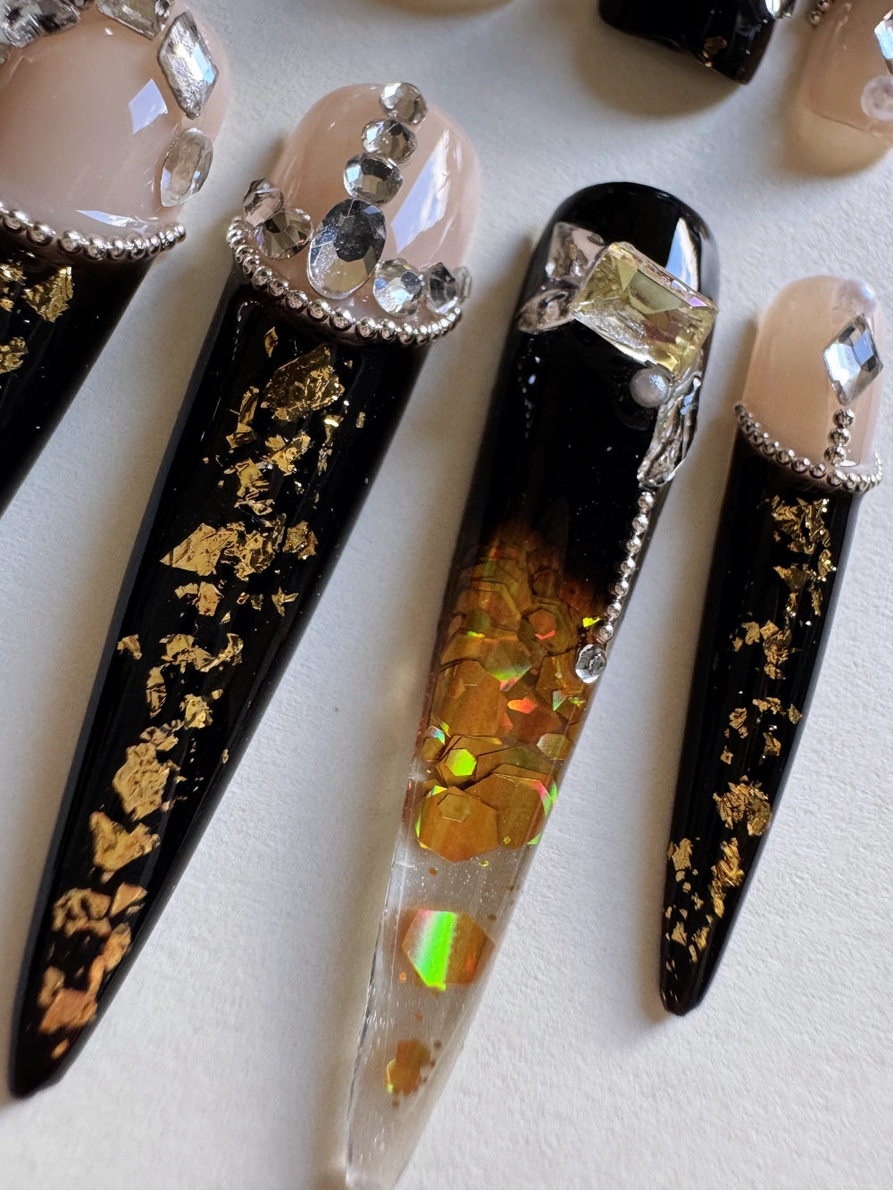 Hand Drawn Elaborate Night Witch Black Style Flowing Sand Nail Art